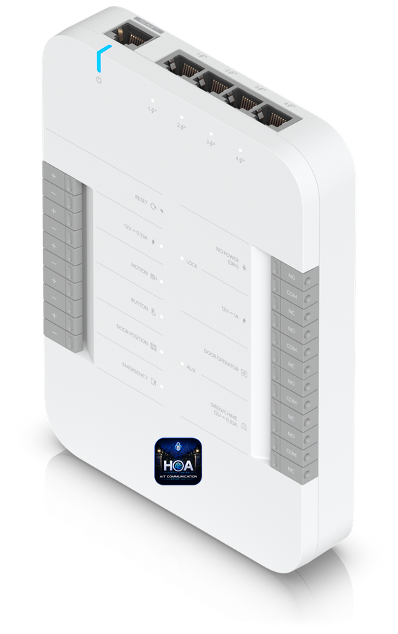 Door access controller — product view with your community's logo