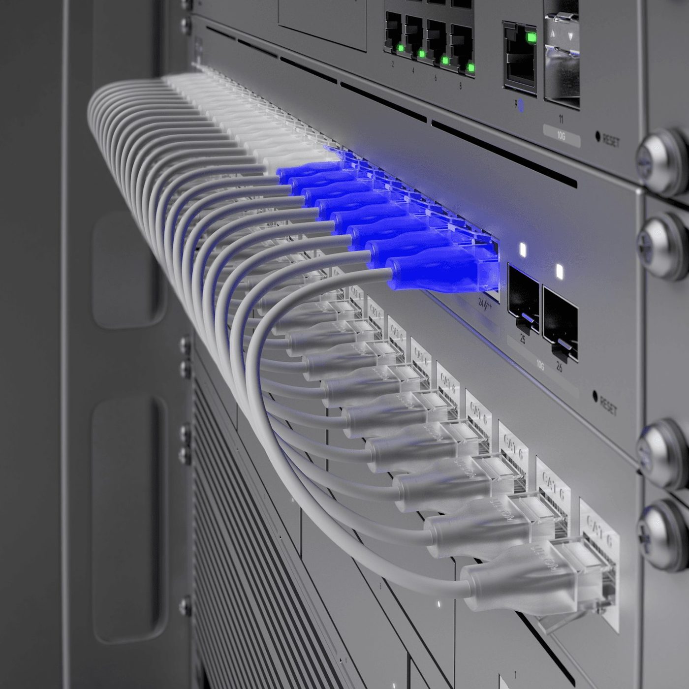 Close-up of slim patch cords plugged into a UniFi Pro Max switch