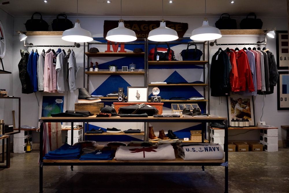Retail store interior with shelving and display tables