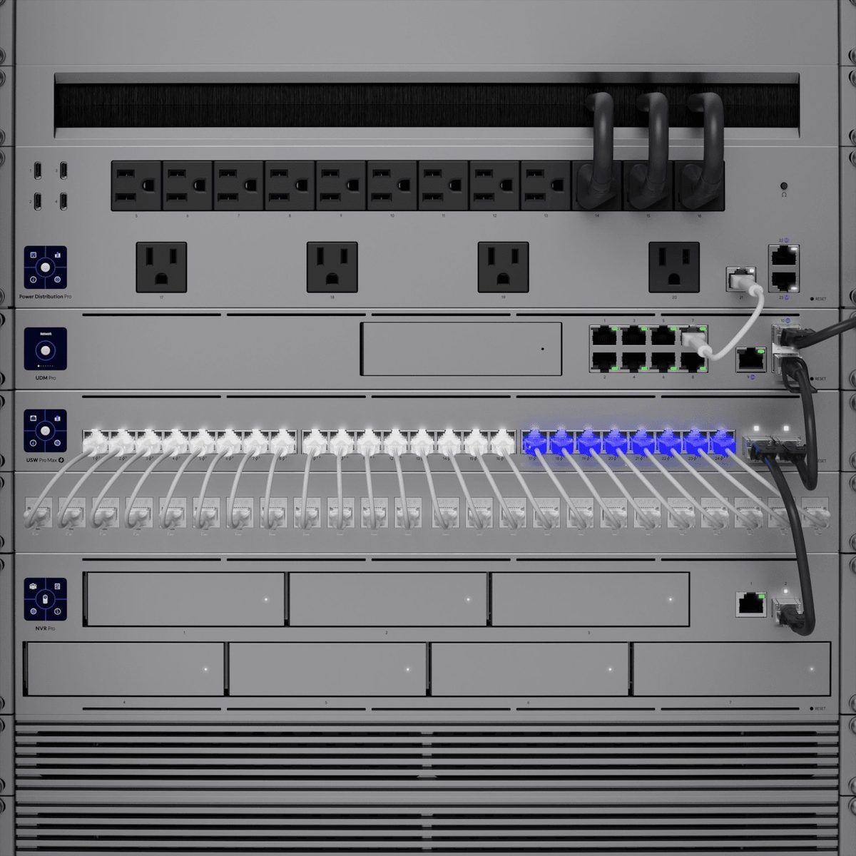 UniFi rack with a gateway, Pro Max PoE switch and neatly dressed patch cords